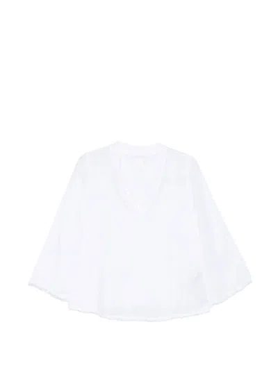 120% Lino 100% Linen V-neck Sequin Blouse With Three-quarter Sleeves In Bianco