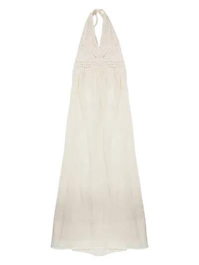 120% Lino Linen Crochet Maxi Halterneck Open Back Dress In White
