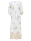 120% Lino Relaxed Fit Midi Dress With Gold Floral Lurex Details In White