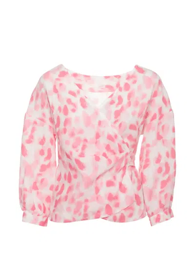 120% Lino Abstract-print Wrap-style Blouse In Pink