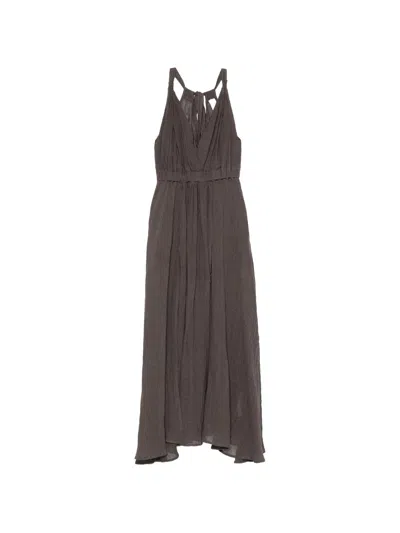 120% Lino Adjustable Back Closure Mini Linen Dress With Slits In Brown
