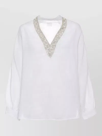 120% Lino Asymmetric Hem Linen Blouse V Neck Strass