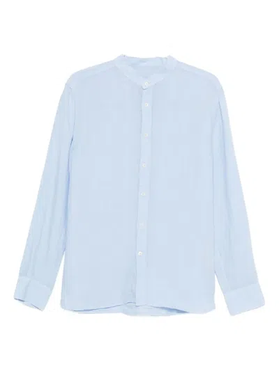 120% Lino Band-collar Long-sleeve Shirt In Blue