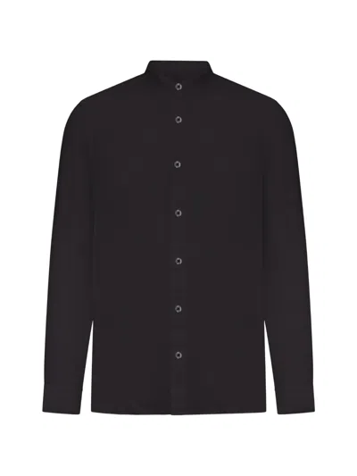 120% Lino Linen Shirt With Mandarin Collar In Black