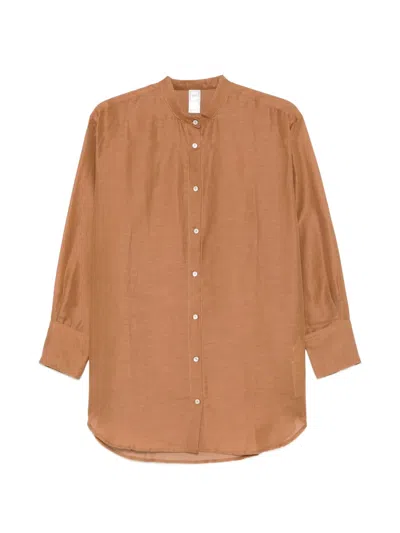 120% Lino Band-collar Long-sleeve Shirt In Brown
