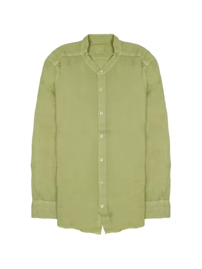 120% Lino Band-collar Long-sleeve Shirt In Green