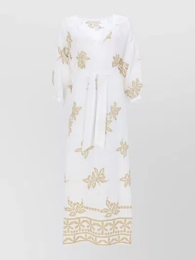 120% Lino Beach Dress Belted Waist Embroidered Design In White