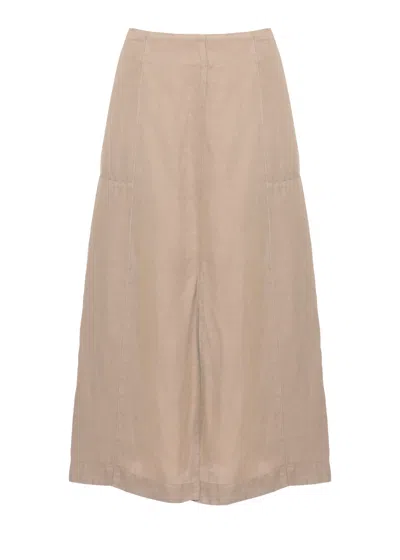 120% Lino Beige Linen Midi Skirt With Flared Silhouette And Detailed Seams In Neutral
