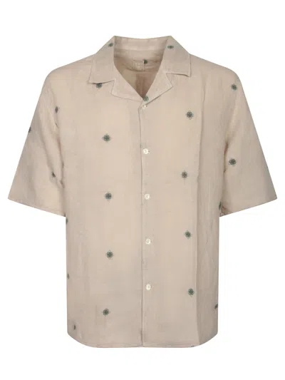 120% Lino Beige Linen Shirt With Green Embroidery