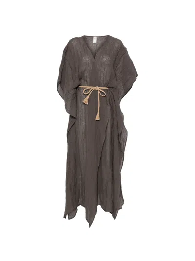 120% Lino Belted Kaftan Maxi Dress In Gray