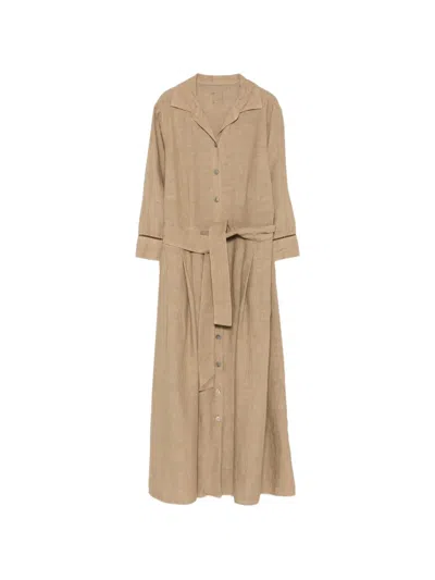120% Lino Belted Ladder-stitch Midi Dress In Brown