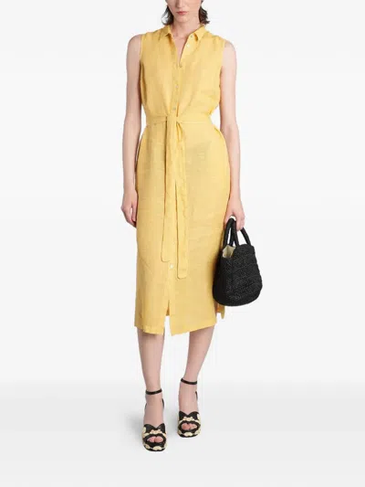 120% Lino Belted Midi Dress In Yellow