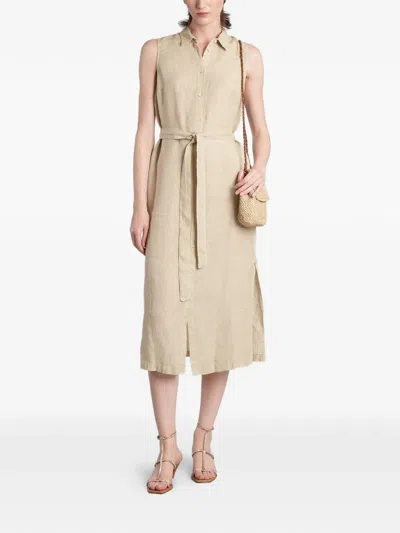 120% Lino Belted Sleeveless Midi Dress In Neutral