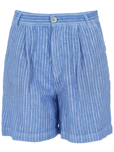 120% Lino Vertical-stripe Linen Shorts In Blue