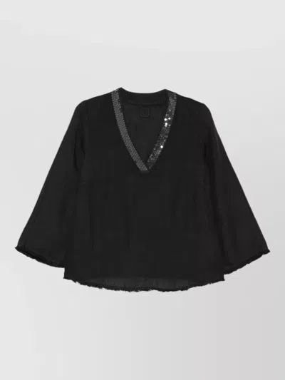 120% Lino Blouse V Neckline Frayed Hem Sequins Sleeves