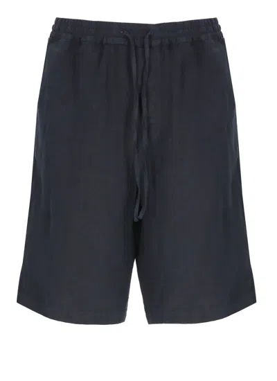 120% Lino Blue Drawstring Waist Linen Shorts In Black