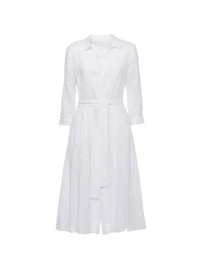 120% Lino Broderie-anglaise Belted Dress In White