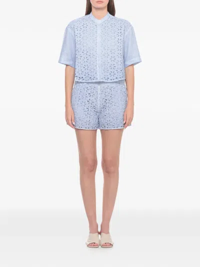 120% Lino Broderie-anglaise Linen Shirt In Blue