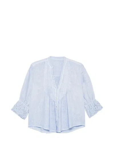 120% Lino Broderie-anglaise Pintuck Blouse In Blue