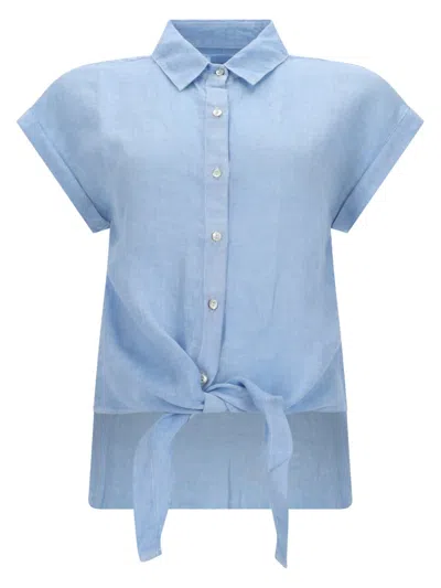 120% Lino Collared Shirt Short Sleeves Tie Front In Blue