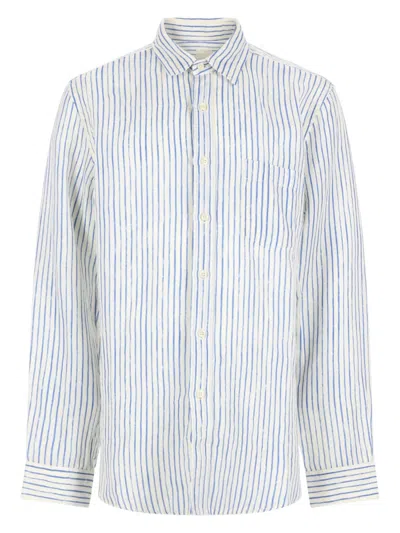 120% Lino Vertical Striped Linen Classic Shirt In White