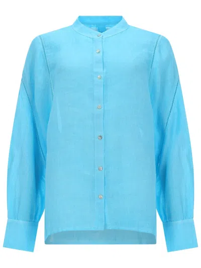 120% Lino Linen Shirt Breathable Collared Long Sleeve In Blue