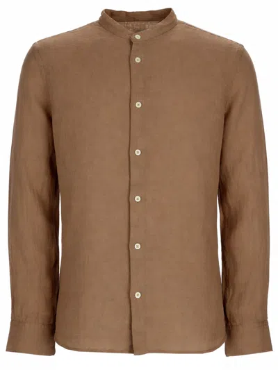 120% Lino Slim-fit Linen Mandarin Collar Casual Shirt In Brown