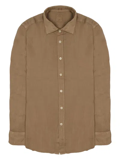 120% Lino Slim-fit Linen Button-down Casual Shirt In Brown