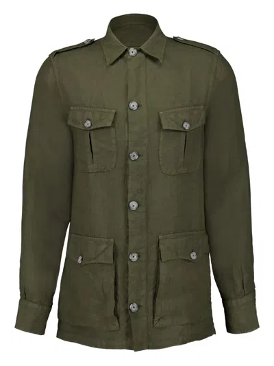 120% Lino Cargo-pockets Linen Shirt In Green