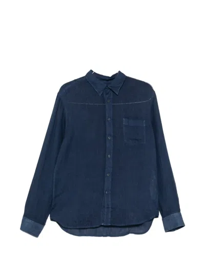 120% Lino Chest-pocket Long-sleeve Shirt In Blue