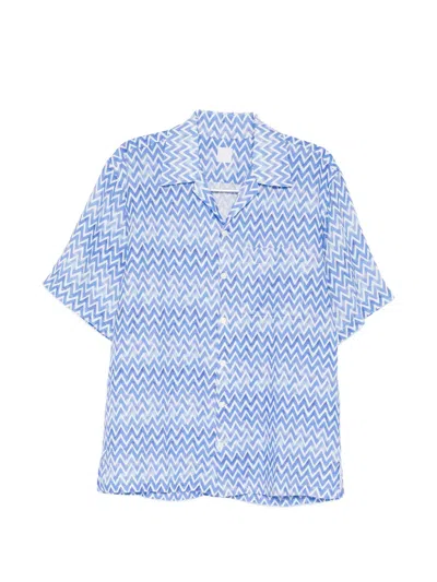 120% Lino Chevron-print Short-sleeved Shirt In Blue