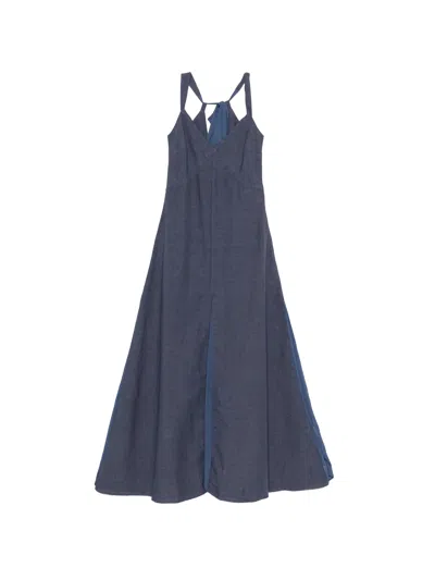 120% Lino Chic Long Linen Dress With Shoulder Straps And V-neck In Blue
