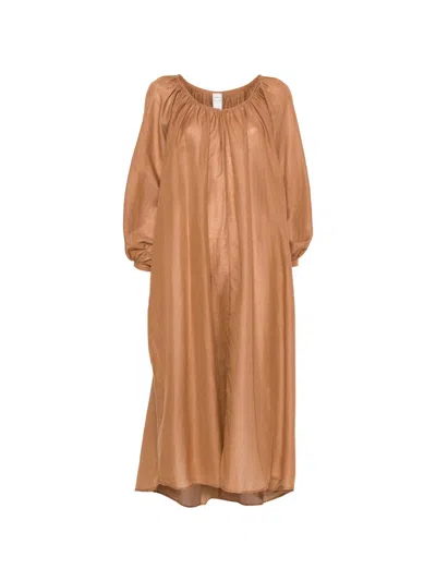120% Lino Classic Long Linen And Cotton Dress With V-neck And Adjustable Cuffs In Brown