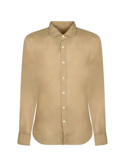 120% Lino Classic-collar Curved-hem Shirt In Brown