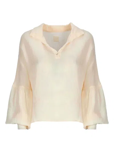 120% Lino Collar Balloon-sleeve Blouse In Neutral