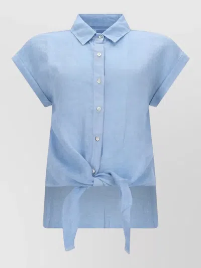 120% Lino Collared Shirt Short Sleeves Tie Front In Blue