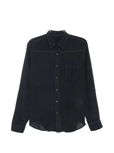 120% Lino Contrast-stitch Pocket Shirt In Black