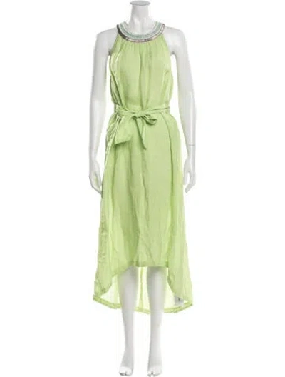 Pre-owned 120% Lino Crew Neck Long Dress In Green
