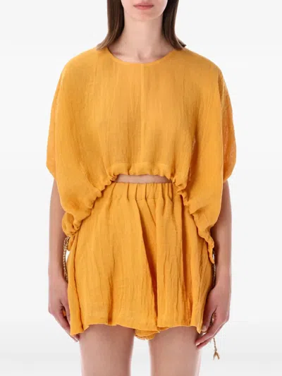 120% Lino Camicia Relaxed Short Sleeve Top In Orange
