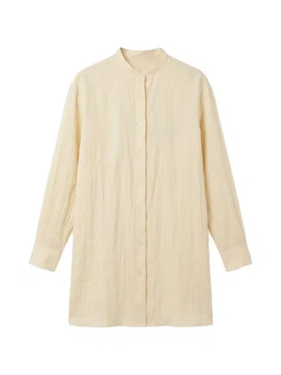 120% Lino Crinkled-finish Band-collar Shirt In Neutral