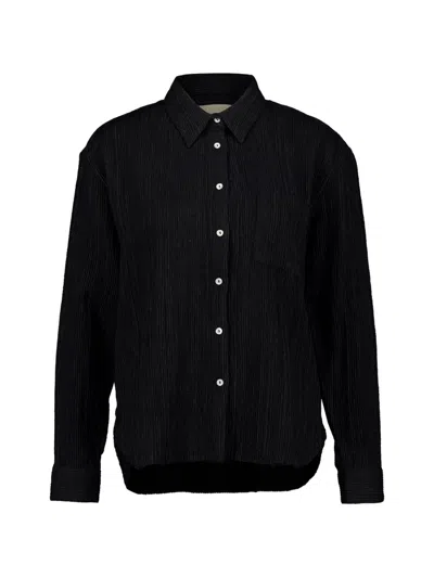 120% Lino Crinkled-finish Chest-pocket Shirt In Black