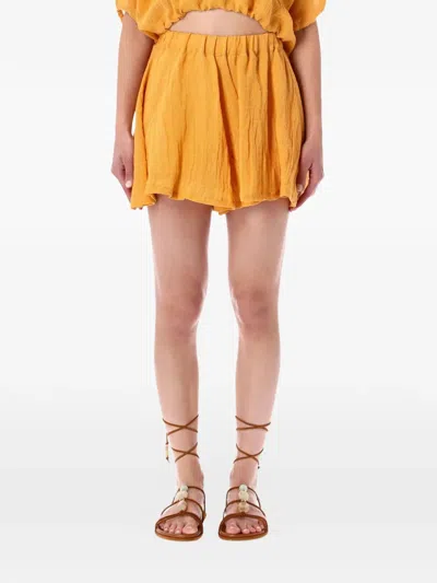 120% Lino Crinkled-finish Elasticated-waist Shorts In Orange