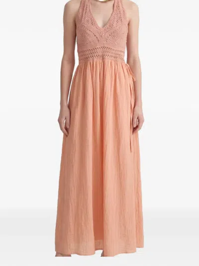 120% Lino Crochet-knit Halterneck Dress In Neutral