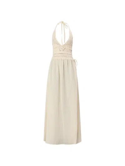 120% Lino Crochet-knit Smocked Dress In Neutral