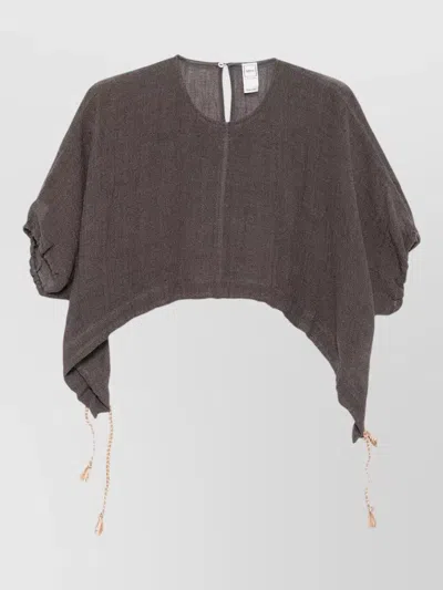 120% Lino Cropped Blouse Puff Sleeves Keyhole Back Hem