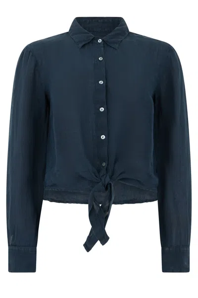 120% Lino Cropped Linen Shirt With Bow Detail And Long Sleeves In Blue