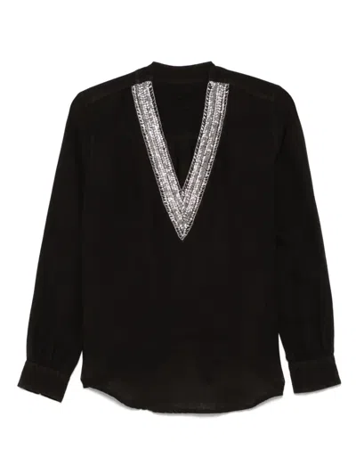 120% Lino Crystal-embellished Blouse In Black