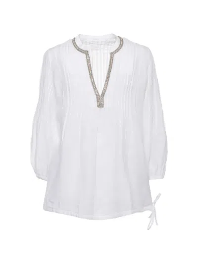 120% Lino Crystal-embellished Pleated Shirt In White