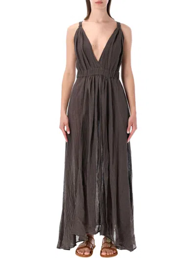 120% Lino Deep V-neck Maxi Dress With Gathered Bodice In Brown