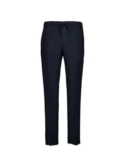 120% Lino Drawstring Linen Trousers In Blue